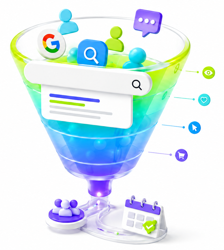 A 3D funnel collecting Google search, engagement, and conversion icons